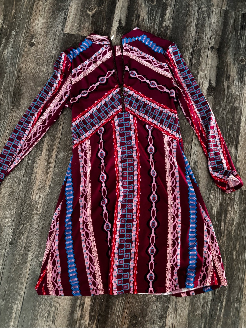 Free people boho Women's Burgundy Patterned Long-Sleeve Fit & Flare Dress
